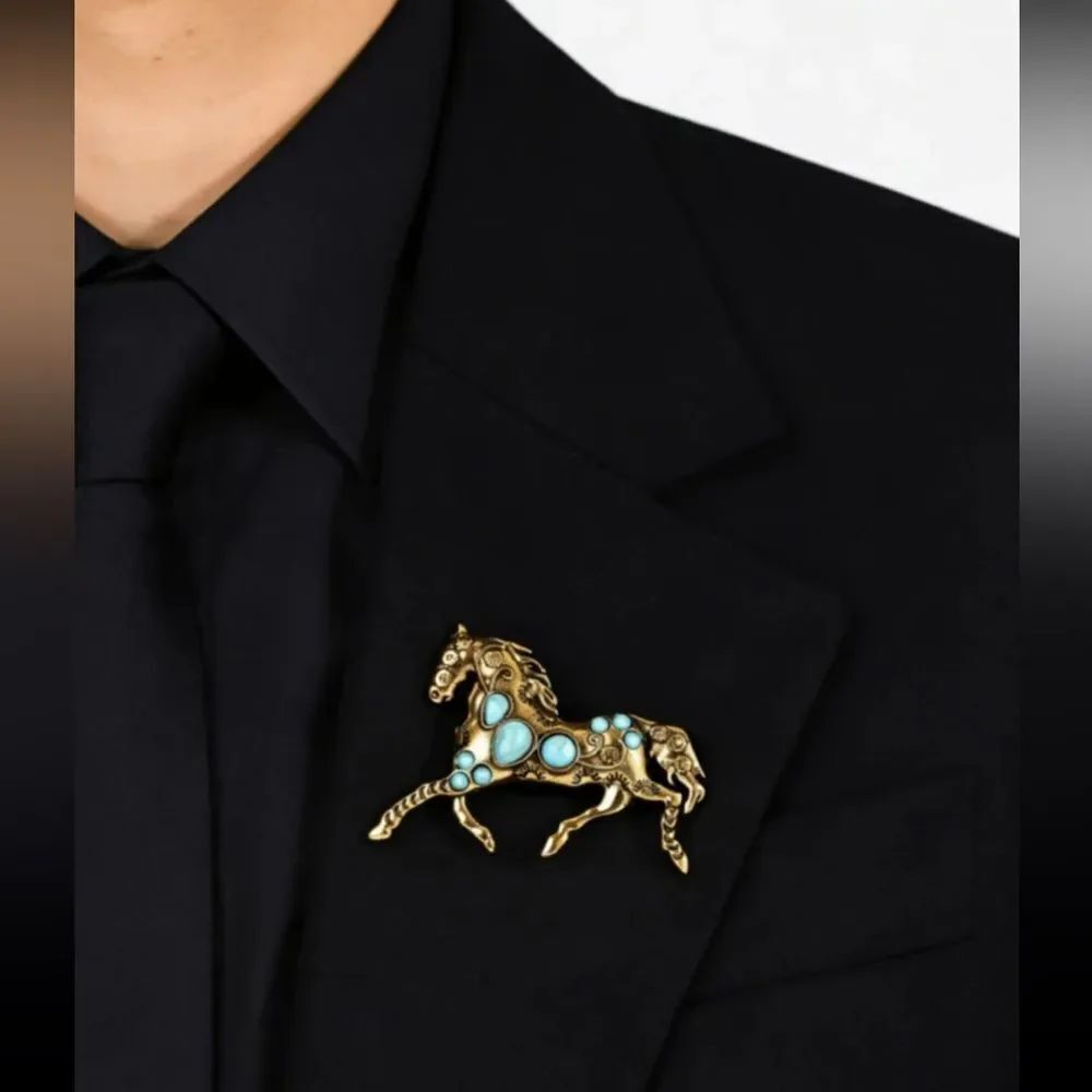 Gold Horse Brooch with Turquoise Accents R212